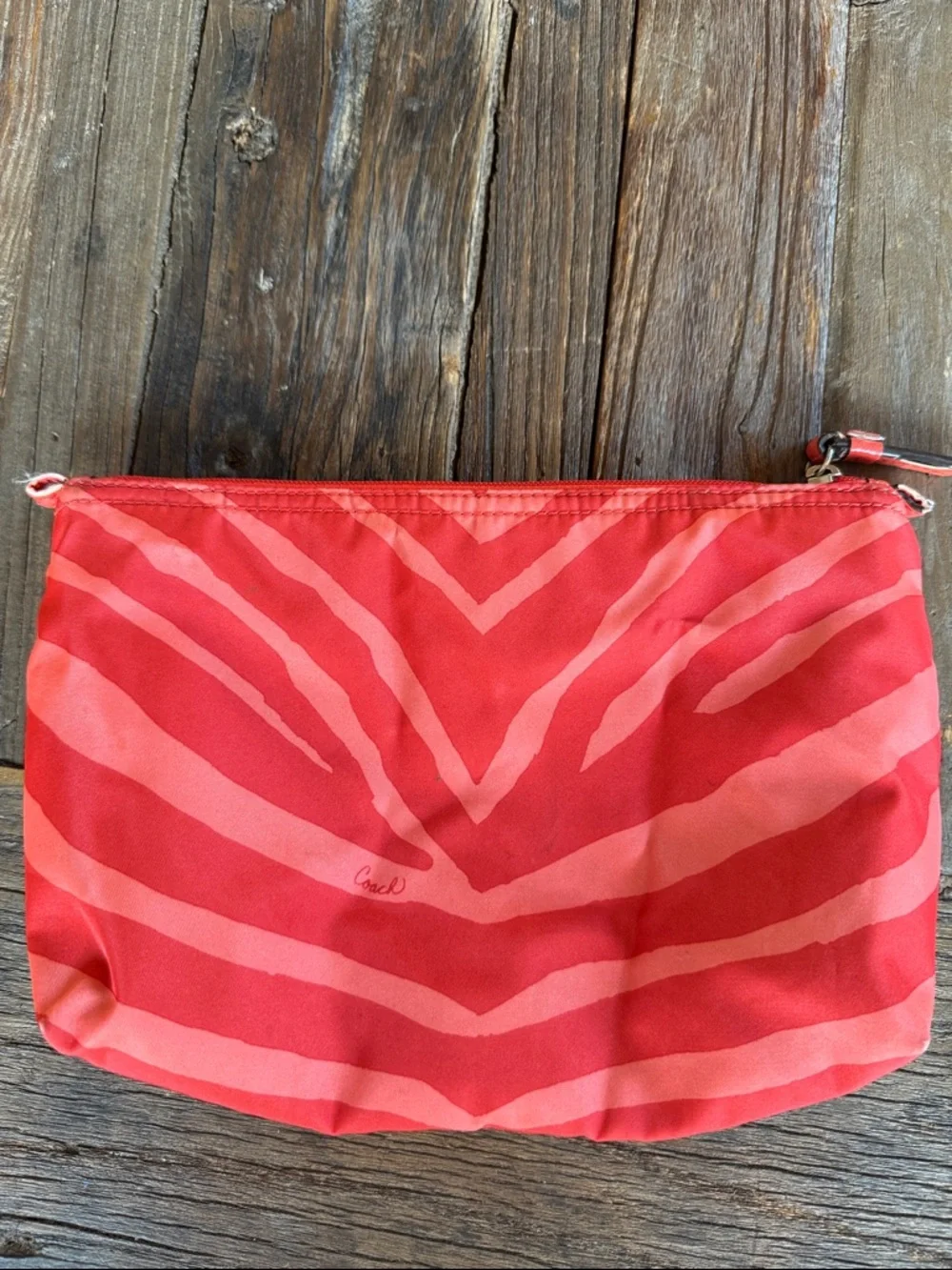 Coach‎ hot orange zebra print nylon clutch, makeup bag, tote organizer